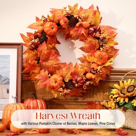 Yunlly 24 Inch Artificial Fall Wreath Autumn Maple Decor Autumn Front Door Wreath with Fake Pumpkin, Maple Leaves, Pine Cones for Outside Indoor Wall Thanksgiving Fall Decor