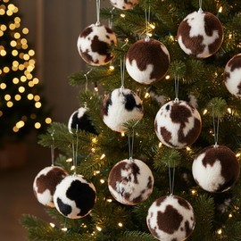 AISENO 12PC Cow Faux Fur Christmas Balls Ornament Hanging Balls Decorations with Hooks for Tree, Wreath, Garland Decor - Holiday Decorations