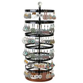 Raymorium 6-story rotating earring rack storage rack, adjustable plastic pendant display rack, 348 grooves on the tree band, large circular storage tower, black wooden disc design