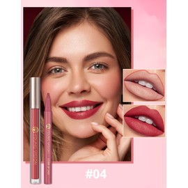 Jutqut Matte Lip Liner and Lip Gloss Set, Liquid Long Lasting Lipstain, Waterproof and Sweatproof Lip Liner Tatttoo, Highly Pigmented, Non-Stick Cup, Quick Drying, Suitable for All Skin Tones #04