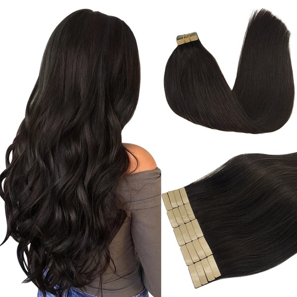 DOORES Real Hair Extensions, Dark Brown, 55 cm (22 Inches), 50 g, 20 Pieces, Human Hair Extensions, Tape-In Straight Hair Extensions, Real Hair Bondings