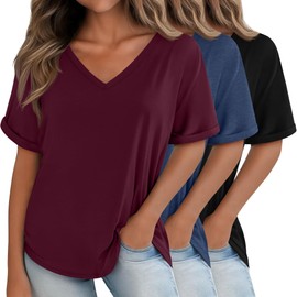 Huukeay 3 Pack Women's Oversized T Shirts, V Neck Loose Fit Rolled Sleeves Tops Cotton Shirts Summer Half Sleeves Tee(Black, Burgundy, Navy Blue,Small)