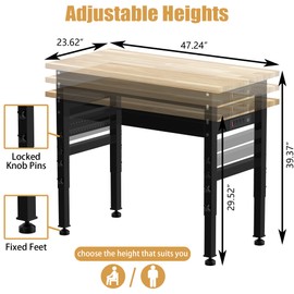 48" Adjustable Workbench, Multifunctional Heavy Duty Workbench, Rubberwood Countertop for Garage, Office, Workshop