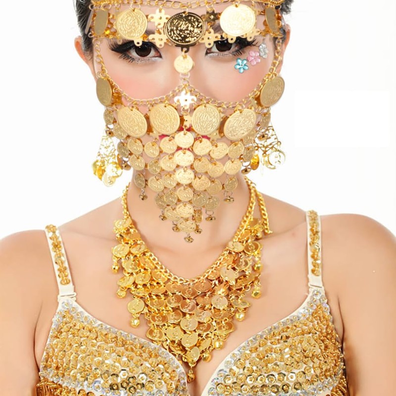 WOFASHPURET Metallic Veil Flapper Head Chain Gypsy Face Veil Face