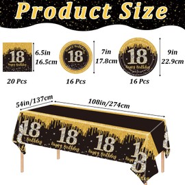 POPOYU 53Pcs Black Gold 18th Birthday Party Tableware Set,Black Gold Table Cloth,Cups,18th Birthday Plates and Napkins Sets,18thBirthday Decorations for Men Women Birthday Gifts Party Supplies