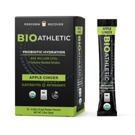 BioAthletic Probiotic + Electrolyte Hydration Drink Mix, with Vitamins D & B12, USDA Organic, NSF Certified for Sport, Subtle Apple Ginger Flavor, Naturally Light Taste, 10 Sticks