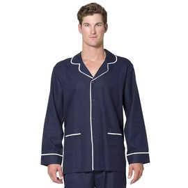 INTIMO Mens Herringbone Long Pajama Set with Piping, Navy, S
