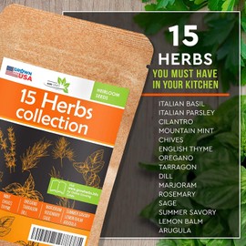 15 Culinary Herb Seeds Pack - Heirloom and Non GMO, Grown in USA - Indoor or Outdoor Garden - Basil, Parsley, Dill, Cilantro, Rosemary, Mint, Thyme, Oregano, Tarragon, Chives, Sage, Arugula & More