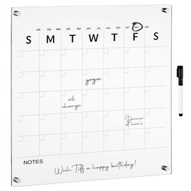 mDesign Modern Acrylic Calendar for Wall with Dry Erase Marker - Wall Mount Monthly Planner Board for Home, Office, Kitchen - 17.71" Square - Clear/Black Print with Chrome Finish Mounting Hardware