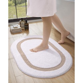 LUMI Bath Mats for Bathroom Non Slip, Premium Super Water Absorbent Bathroom Rugs, Ultra Soft, Machine Washable Oval Bath Mats for Bathroom, Bathtub, Bedroom, 24"x36", White and Beige