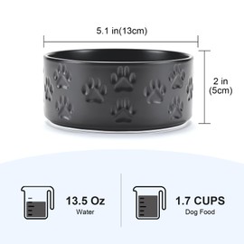 SPUNKYJUNKY Ceramic Dog and Cat Bowls 2 Pack, 5.1'' Dog and Cat Food Water Double Feeding Bowls Non-Slip for Cats and Puppy Small Sized Breed Dogs Microwave Dishwasher Safe - 13.5 OZ, 2pcs, Paw Black