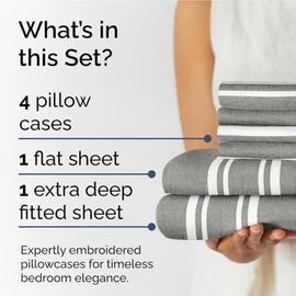 CGK Unlimited Extra Deep King Sheet Set - 6 Piece Breathable & Cooling Sheets - Hotel Luxury Bedding Set w/18-24 Inch Extra Deep Pockets - Easy & Secure Fit - Soft, Wrinkle Free and Comfy - Grey Stripes, King Size