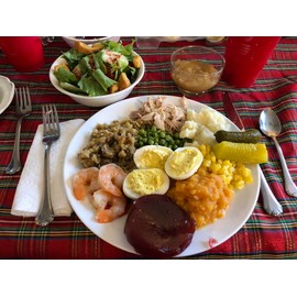 24x36 gallery poster, A Thanksgiving dinner with roast turkey mashed potatoes pickles corn candied yams cranberry jelly shrimps stuffing green peas deviled eggs green salad and apple sauce