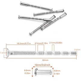 20 Piece M4*60mm Door Handle Screw Connecting Bolts & Sleeves for Door Handle Roses Knobs Door Lock and Escutcheons,Nickel Color