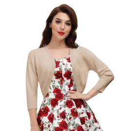 Belle Poque Womens 3/4 Sleeve Bolero Shrug Open Front Knit Cropped Cardigan(Apricot L)