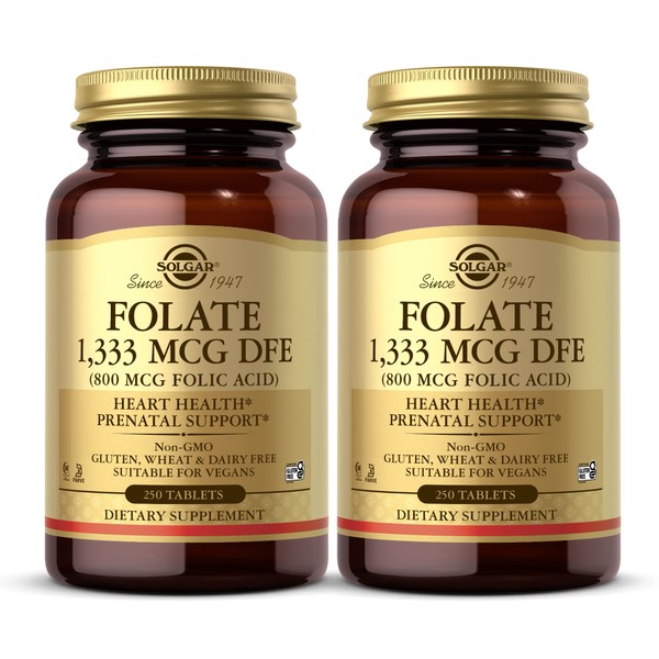 Solgar Folate 1,333 mcg DFE (800 mcg Folic Acid) - 250 Tablets, Pack of 2 - Heart Health, Prenatal Support - Non-GMO, Vegan, Gluten Free, Dairy Free, Kosher - 500 Total Servings