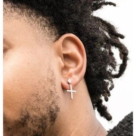 Tsv Jewelers Men's Hanging Huggie Dangle Hoop Cross Sterling Silver Round Cz Stud Earrings