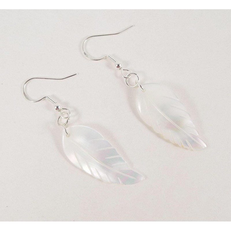 Long Mother of Pearl Carved Shell Leaf or Feather Dangle