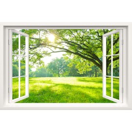 Fake Window Decal - 48"x32" Pre-Cut Vinyl Wall Art (Top & Bottom Panels) | Green Forest Scene Mural Sticker | Removable Peel & Stick Decor