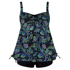 Hilor Women's Maternity Swimwear Retro Drawstring Tankini Bathing Suits Plus Size Two Piece Swimsuit Black&Green Floral 26