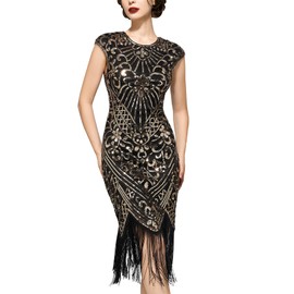 SWEETV Women's Flapper Dresses 1920s Great Gatsby Dresses Sequin Fringed Roaring 20s Cocktail Dress Black-Gold Medium