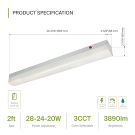 ASD 2ft LED Linear Strip Light Fixture with Emergency Battery Backup - 20W-28W 3890LM Linkable LED Shop Light - 3500K-5000K Adjustable Dimmable Commercial Ceiling Light Fixture - UL DLC