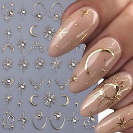 Gold Star Nail Art Stickers Decals Moon Nail Decals 5D Embossed Glitter Rhinestones Nails Design Stickers Gold Nails Supplies for Women Nail Art Decorations