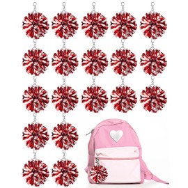 Remuuly 20 Pcs Cheer Pom Pom Keychain Cheerleader Gifts Cheerleading Keyring Charm Foil with Keychain Hooks for Women Accessories (Red White)