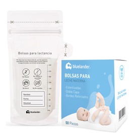 Bluelander 50 Bolsas para Leche Materna, Bolsas para Recoletar Leche Materna, Capacidad de Cada Bolsa 240 ml, Registro de tu Banco de Leche, Bolsas de Leche Materna Deshechables y Esterilizadas (50 Piezas)