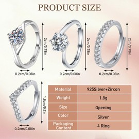 4Pcs Women's 925 Sterling Silver Ring Adjustable Cubic Zirconia Wedding Engagement Ring Open Thumb Rings for Women Stacking Rings Set Friendship Promise Jewelry Gifts Valentine Christmas Anniversary