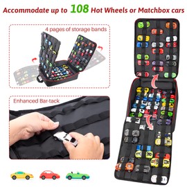 KISLANE Portable Carrying Case Suitable for Toy Cars or Matchbox Cars, Versatile Toy Cars Storage for 108 Toy Cars, Sturdy 4 Pages Toy Cars storage bag with Front Pocket(Case Only) (Red)