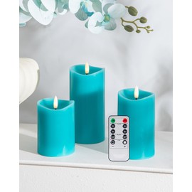 Velsyn Teal Decor Flameless Candles with Remote Timer, Real Wax Made LED Pillar Candles Battery Operated with 3D Flickering Flame, Teal Bathroom Accessories, Turquoise Set of 3 (3" x 4",5",6")