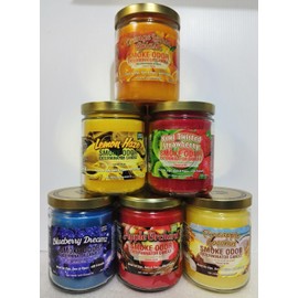 Smoke Odor Exterminator 13 oz Jar Candles Orange Lemon Splash Assorted 6 includes Kiwi Twisted Strawberries, Lemon Haze, Apple Orchard, Blueberry Dreamz & Pineapple Coconut.