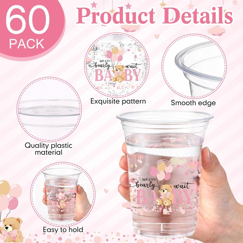 Funnymoom 60 Pcs Pink Bear Plastic Cups 16 oz Disposable