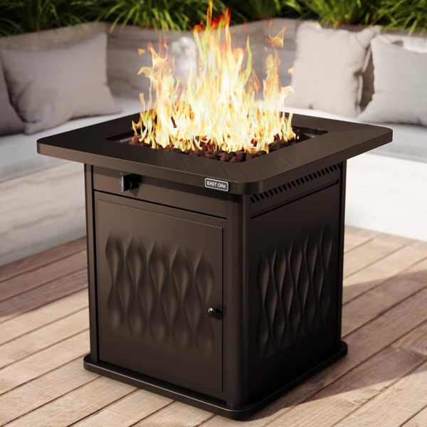 EAST OAK 28'' Propane Fire Pit Table, 50,000 BTU Steel Gas FirePit for Outdoor, Outside Patio Deck and Garden, CSA Certified Fire Table with Magnetic Lid, Cover-Storage Basket and Lava Rock, Brown