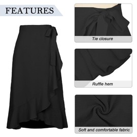 FEOYA Women's High Waisted Tie Wrap Midi Skirts Plain Ruffle Hem Split Maxi Wrap Skirts Casual Summer Beach Long Skirts Black XL