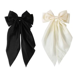 Henyall 2Pcs Big Bow Hair Clips,Hair Bow with Long Tail Silky Satin,Soft Satin Silky Big Bows,Solid Color French Barrette,Women's Clip Set,Hair Accessories for Women Girls(Black + Off-White）