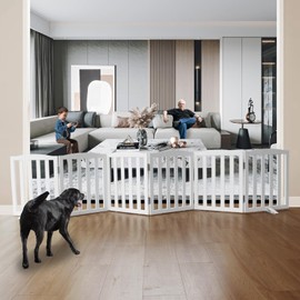 Freestanding Dog Gate Indoor,Doggie Gate Foldable Dog Gates for Doorways,Stairs or Hallways, Wooden White Pet Gate for The House, Pet Fence with Support Feet Included,24 "Height-6 Panels