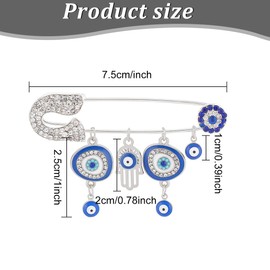 WEBEEDY Evil Eye Brooch Blue Eye Jewellery Safety Pins Evil Eye Hamsa Brooch Pins Jeweled Safety Pin Lucky Charm Pack of 2