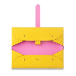 COGURE COPEN Pencil Case, Genuine Leather, Simple, Stylish, Unisex, Gift Box Included, Yellow + Vivid Pink, double