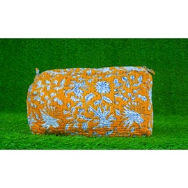 Generic Pieces Indian Handmade Cotton Quilted Handmade Floral Hand Block Print Toiletry Bag,Cosmetic Pouch Bag Makeup Bag For Women (1, Orange C), 85485