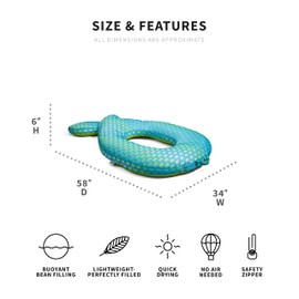 Big Joe Magical Mermaid Ring Float No Inflation Needed Round Pool Float with Mermaid Tail, Aqua Scales Double Sided Mesh, Quick Draining Fabric, 5 feet Big