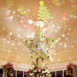 Christmas Tree Topper - Christmas Tree Topper Lighted with 3D Rotating - LED Hollow Glitter Projector - Christmas Tree Topper for Christmas Tree Decorations (Projection Christmas Patterns)