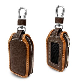 2 Pieces Superior Leather Car Case Key Fob Protector, Smart Remote Zipper Key Protector Cover, Car Key Chain Case Holder with Metal Hook and Zipper, Brown