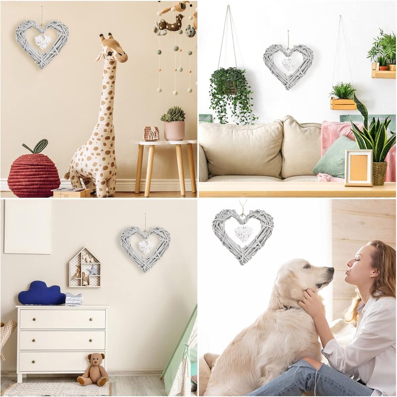 Rattan Hearts Wall Hanging Decoration, Heart Shape Wicker Wreath Ornament
