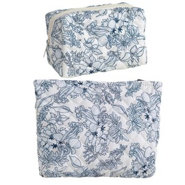 2 Pack Quilted Cotton Makeup Bags for Women,Large Cosmetic Organizer Pouches,Portable Travel Toiletry Bags Cute Small Brushes Storage Pouch with Zipper for Purse,Floral Black