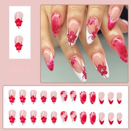 Rchovsam Medium Almond Press on Nails French Tip Nails Press Ons Pink Flowers Diamond Fake Nails with Charms Full Cover Artificial Acrylic False Nails 24pcs - Dark Pink Floral