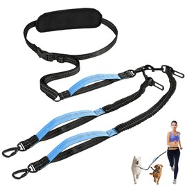 Tivray Hands Free Dog Leash, Waist Leash for 2 Dogs, Adjustable Double Hands Free Lead with Detachable Waist Belt, Padded Handles, Shock Absorbing Bungee for Walking Jogging Hiking, Black+Blue