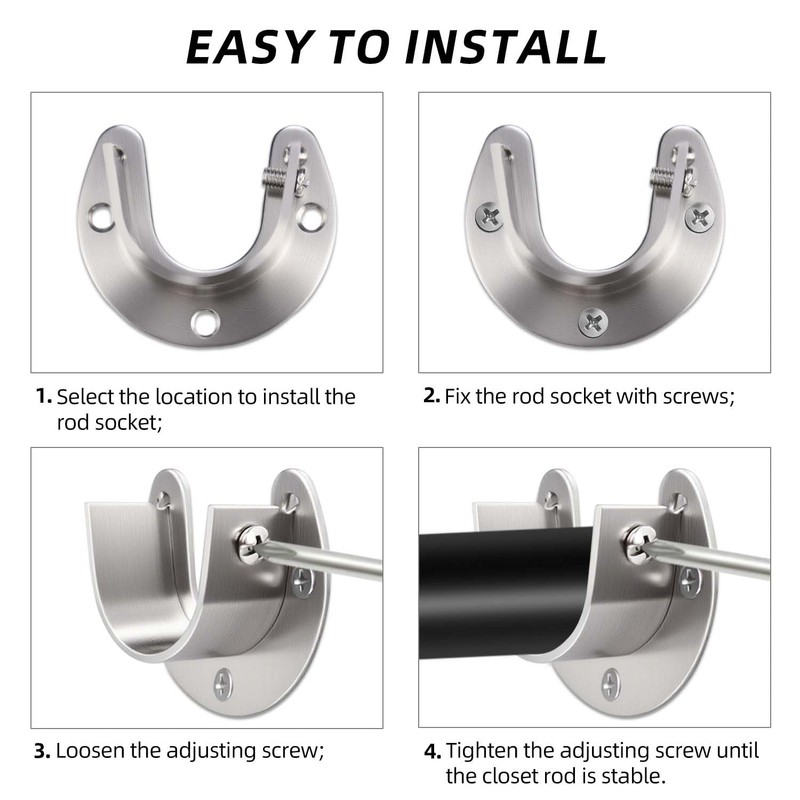 4 Pack Stainless Steel Rod Sockets Closet Pole Sockets U-Shaped