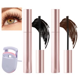 Mascara Braun+Schwarze Mascara Mit,Wimpernzange,Wimperntusche Braun,Wimperntusche Wasserfest,Lang und Geschwungen,Natürliche Verlängerung,Wischfestes Make-Up,5 ml/Tube